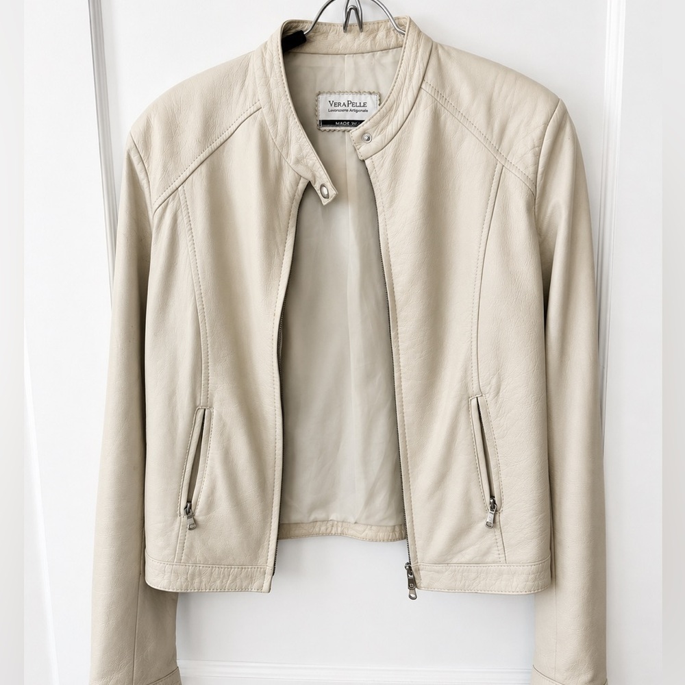 Vera Pelle Cream Leather Jacket Made in Italy Moto Style Size 48